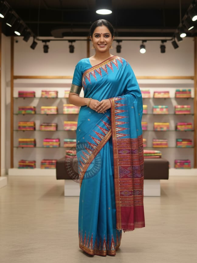 Light Blue Maroon Kumbha Khandua Silk Saree