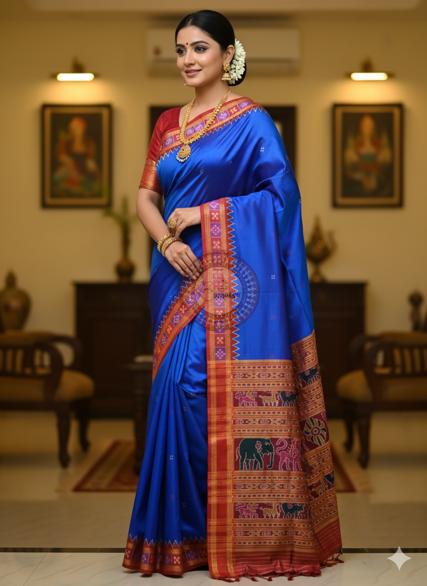 Blue Red Pasapali Border Khandua Silk Saree