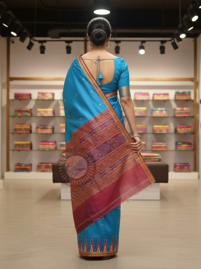 Light Blue Maroon Kumbha Khandua Silk Saree