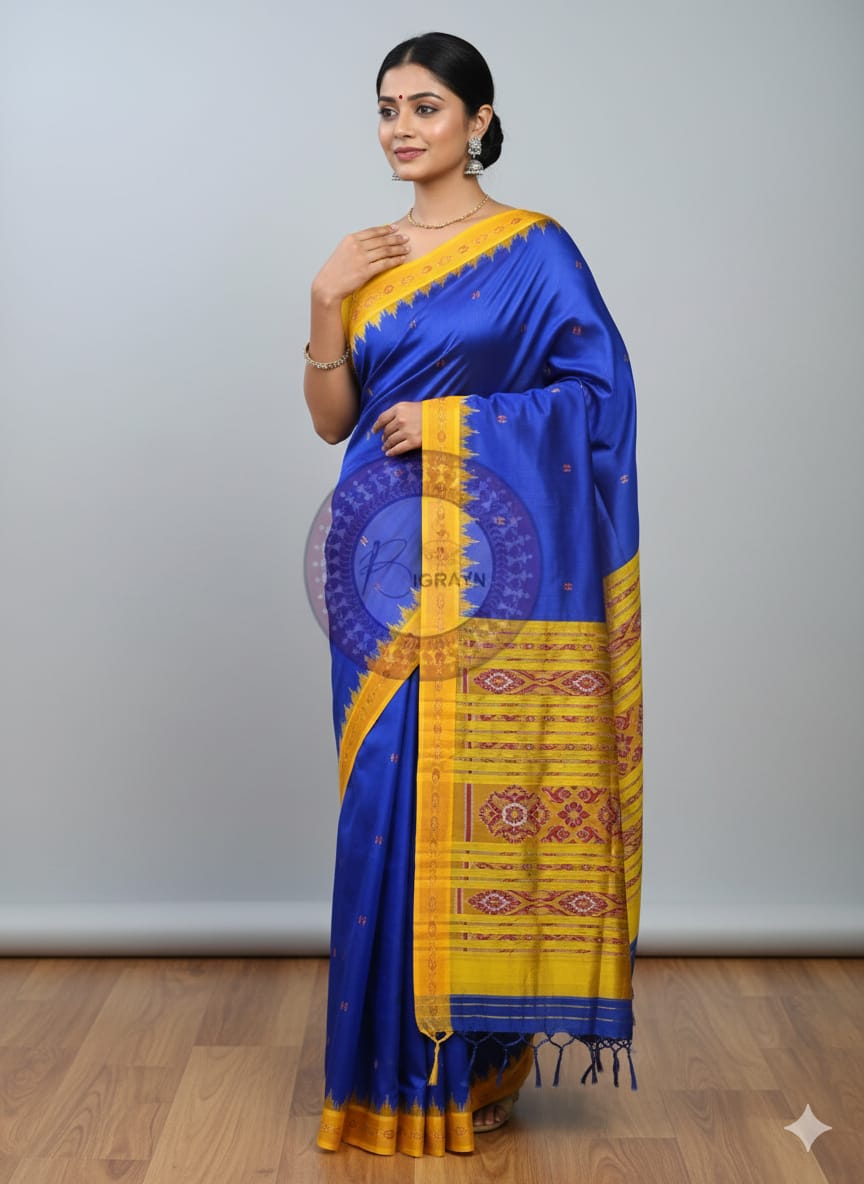 Blue Yellow Buti Kumbha Khandua Silk Saree