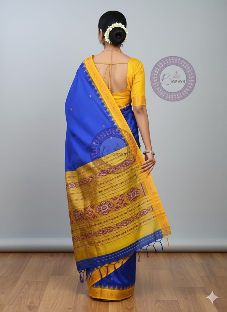 Blue Yellow Buti Kumbha Khandua Silk Saree