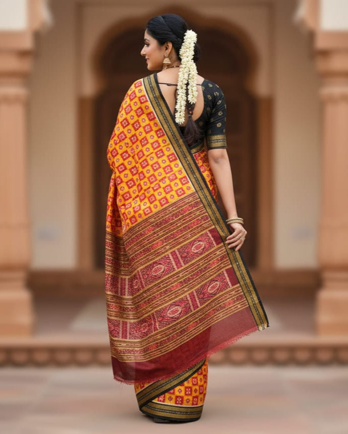 Yellow Red Maroon Pasapali Mulberry Silk Saree