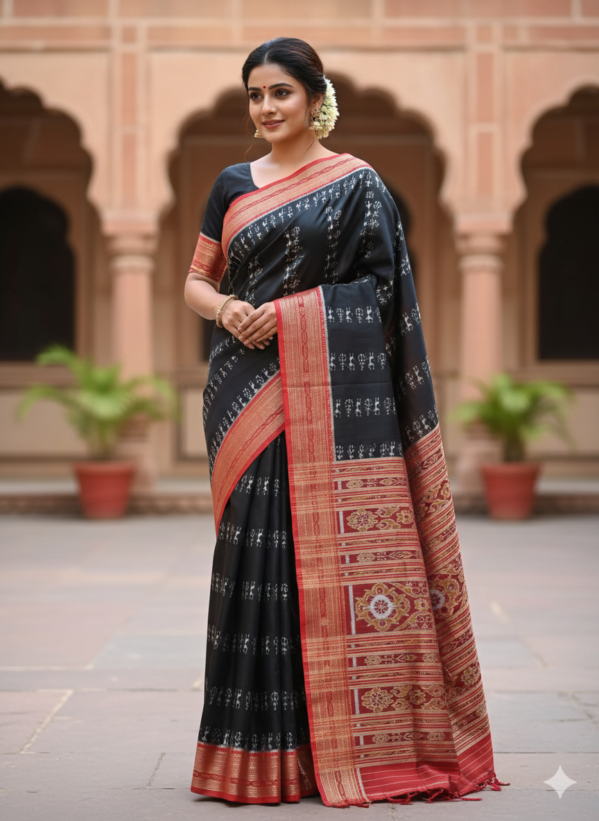 Black Maroon Tribal And Tree Design Khandua Silk Saree
