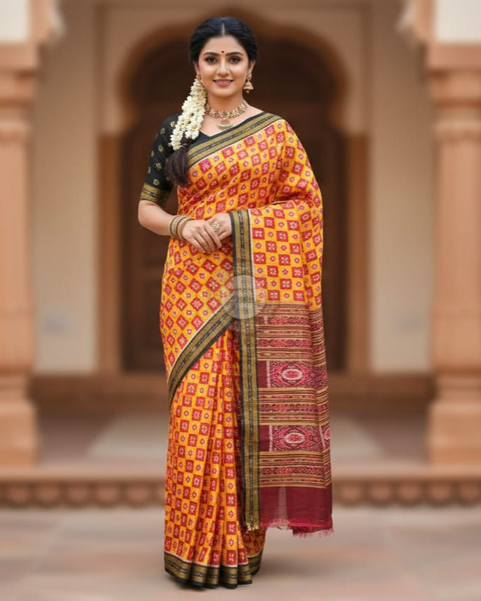 Yellow Red Maroon Pasapali Mulberry Silk Saree
