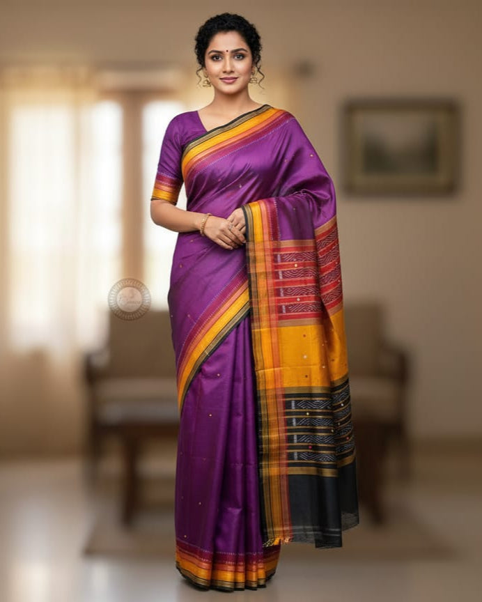 Magenta Yellow Black Kathifera Odisha Handloom Khandua Silk Saree