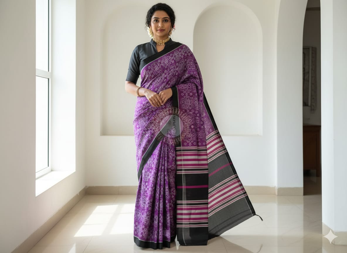 Purple Black Laxmi Yantra Mulberry Silk Saree