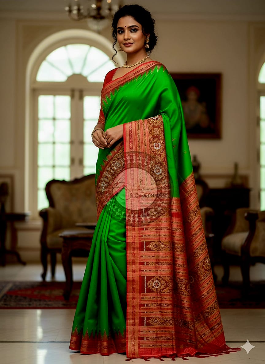 Green Red Buti Kumbha Khandua Silk Saree