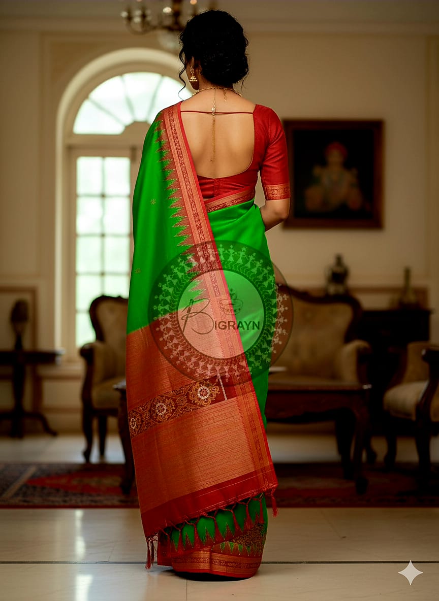 Green Red Buti Kumbha Khandua Silk Saree
