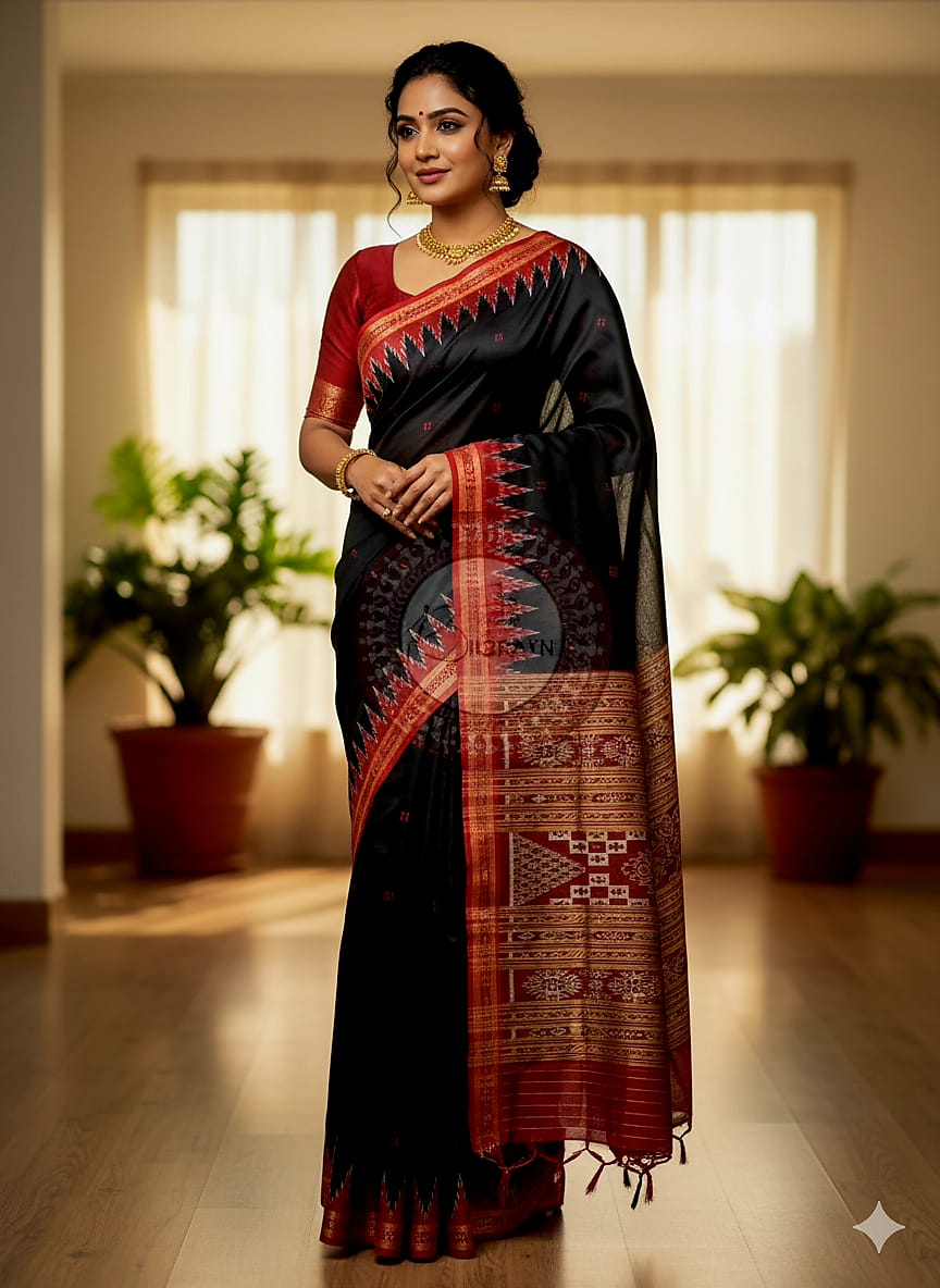 Black Maroon Buti Kumbha Khandua Silk Saree
