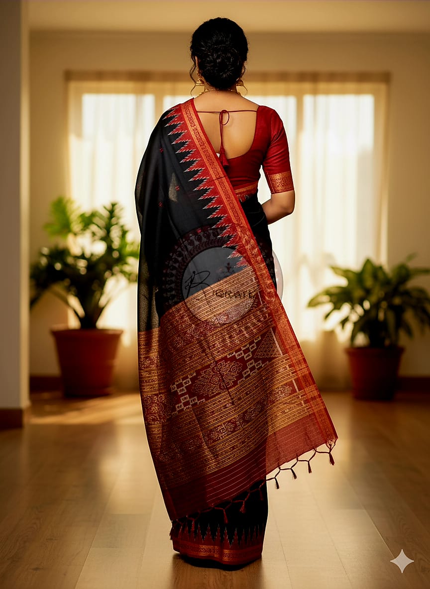 Black Maroon Buti Kumbha Khandua Silk Saree