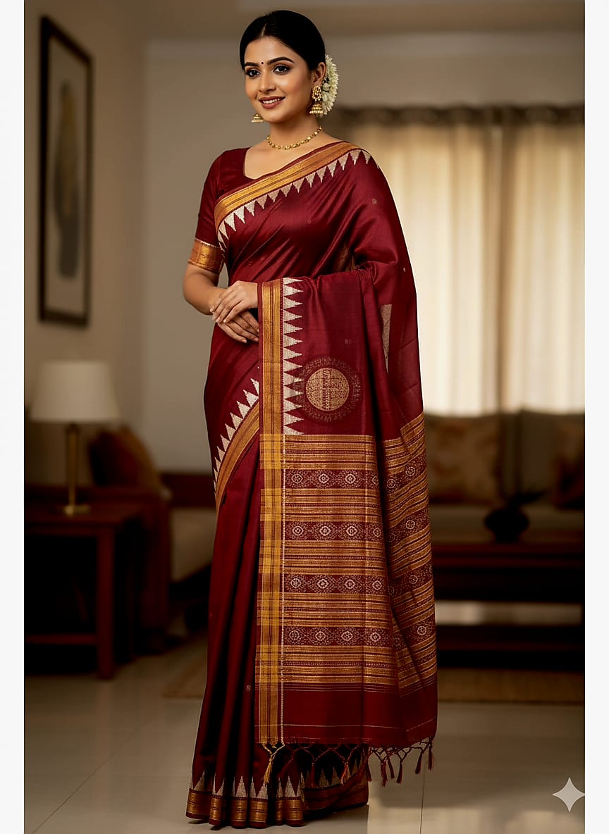 Maroon Buti Kumbha Khandua Silk Saree