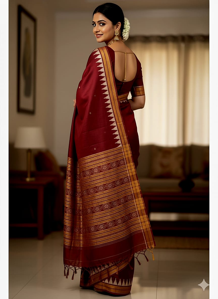 Maroon Buti Kumbha Khandua Silk Saree