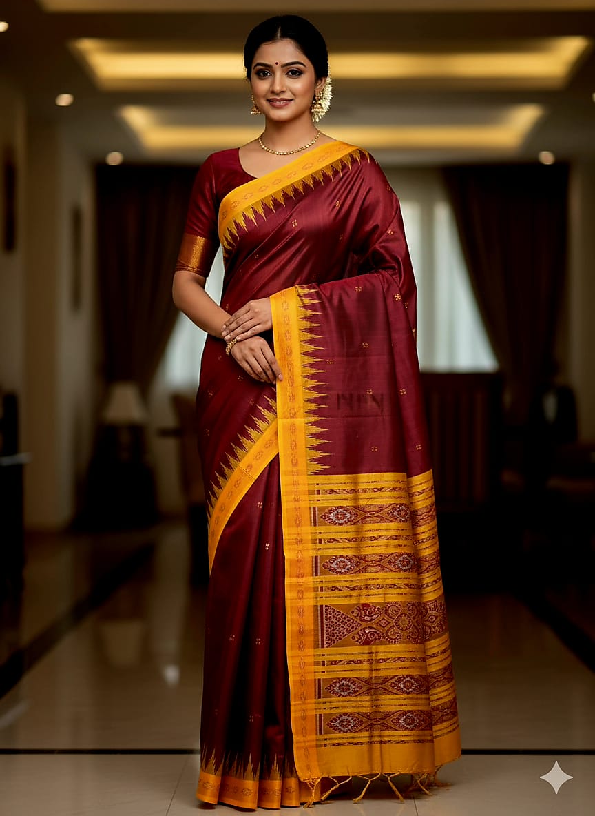 Maroon Yellow Buti Kumbha Khandua Silk Saree