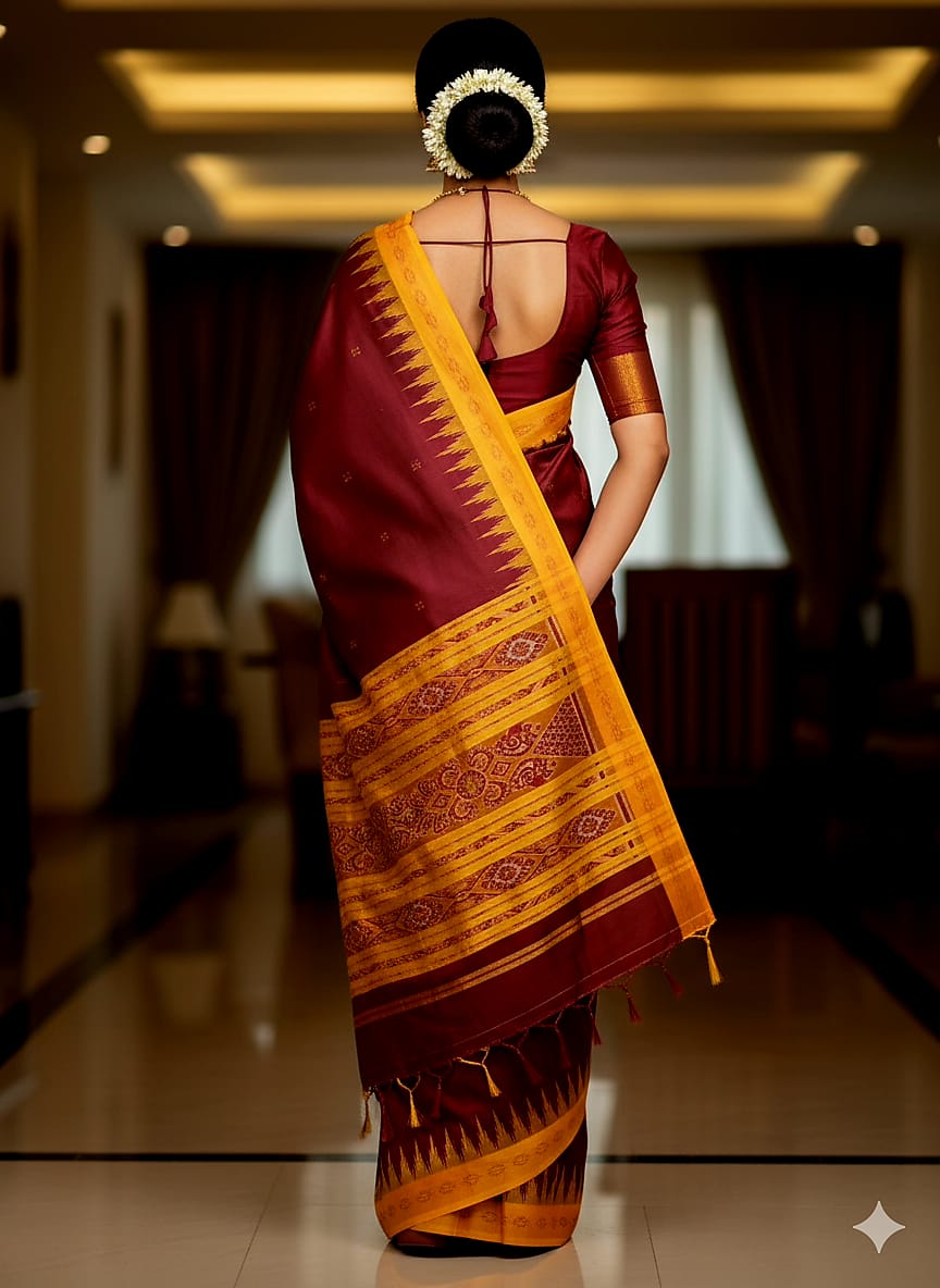 Maroon Yellow Buti Kumbha Khandua Silk Saree