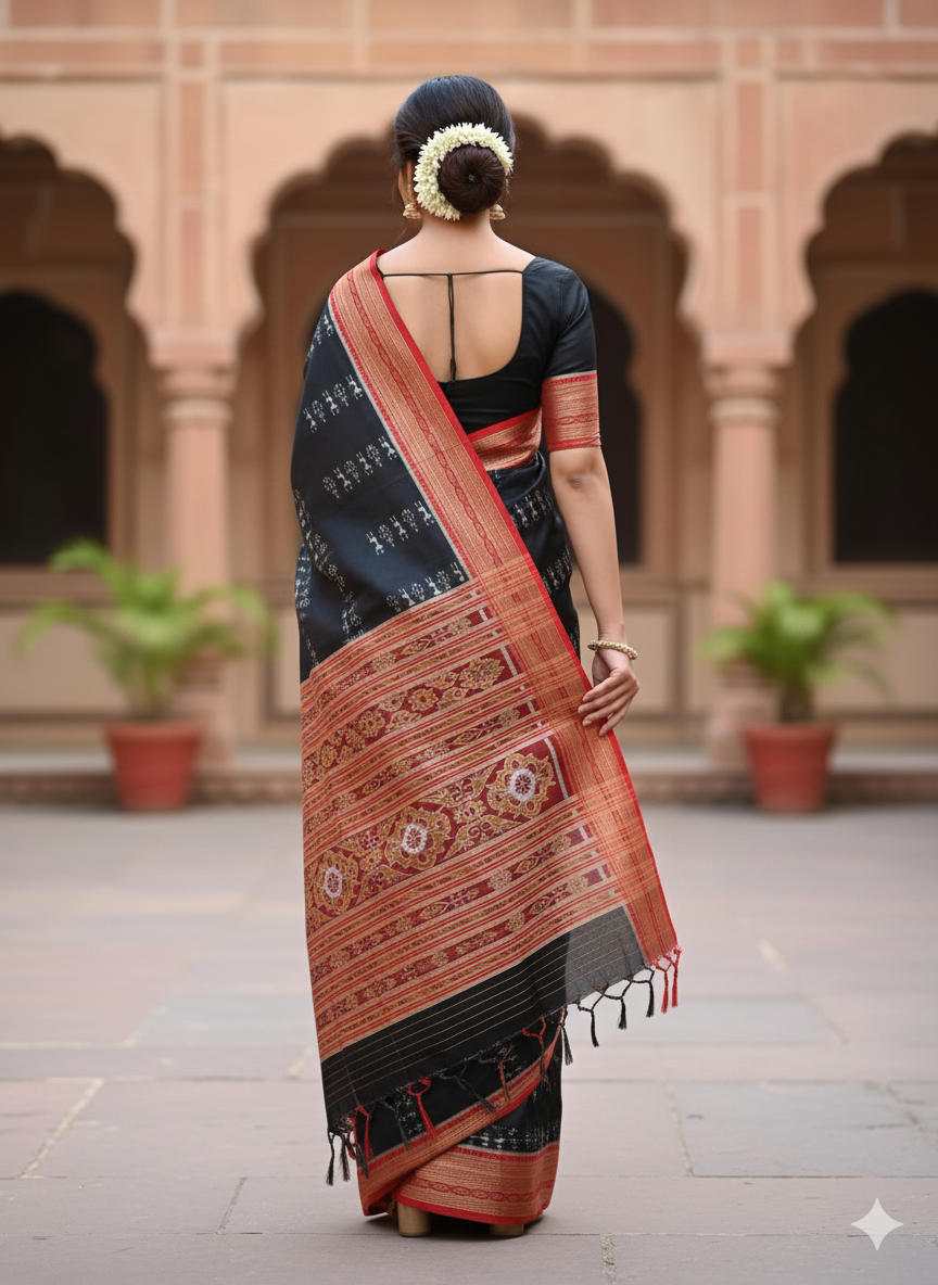 Black Maroon Tribal And Tree Design Khandua Silk Saree