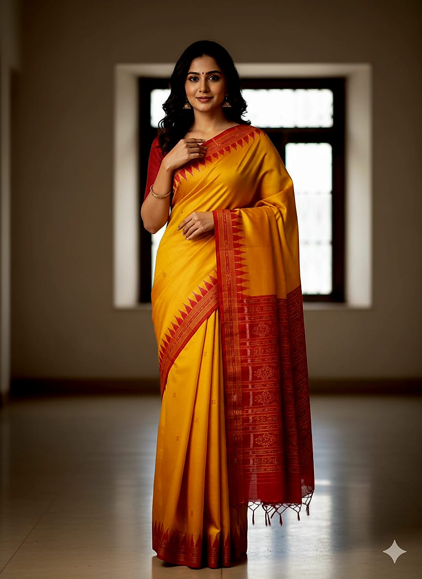 Golden Red Buti Kumbha Khandua Silk Saree