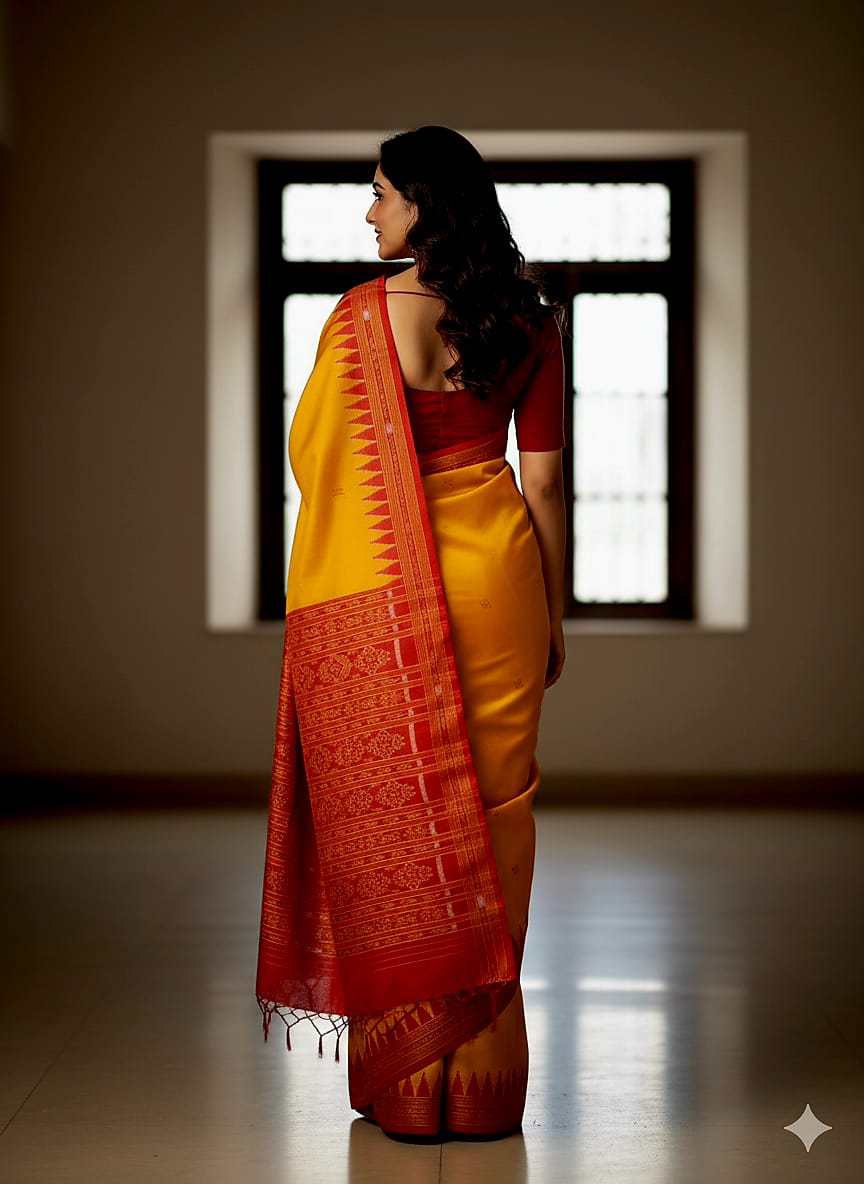 Golden Red Buti Kumbha Khandua Silk Saree