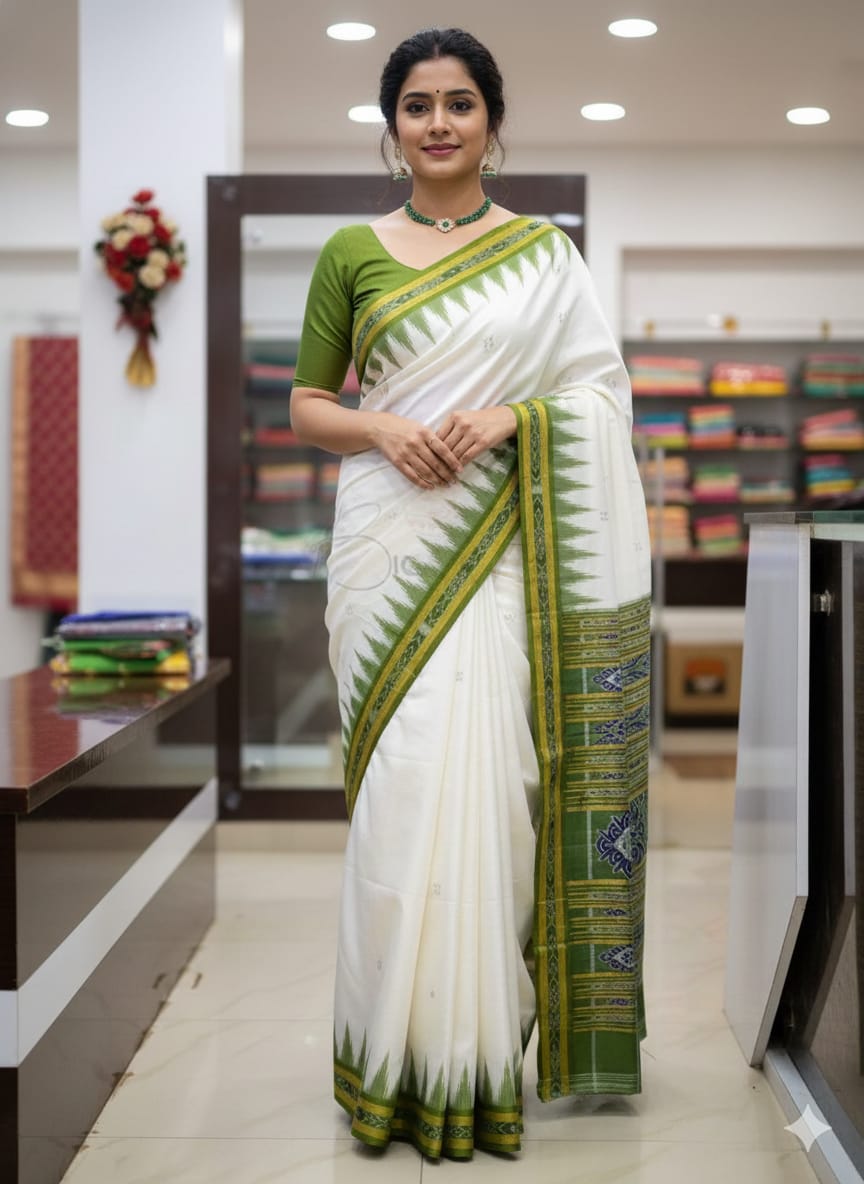 White Mehendi Green Buti Kumbha Khandua Silk Saree