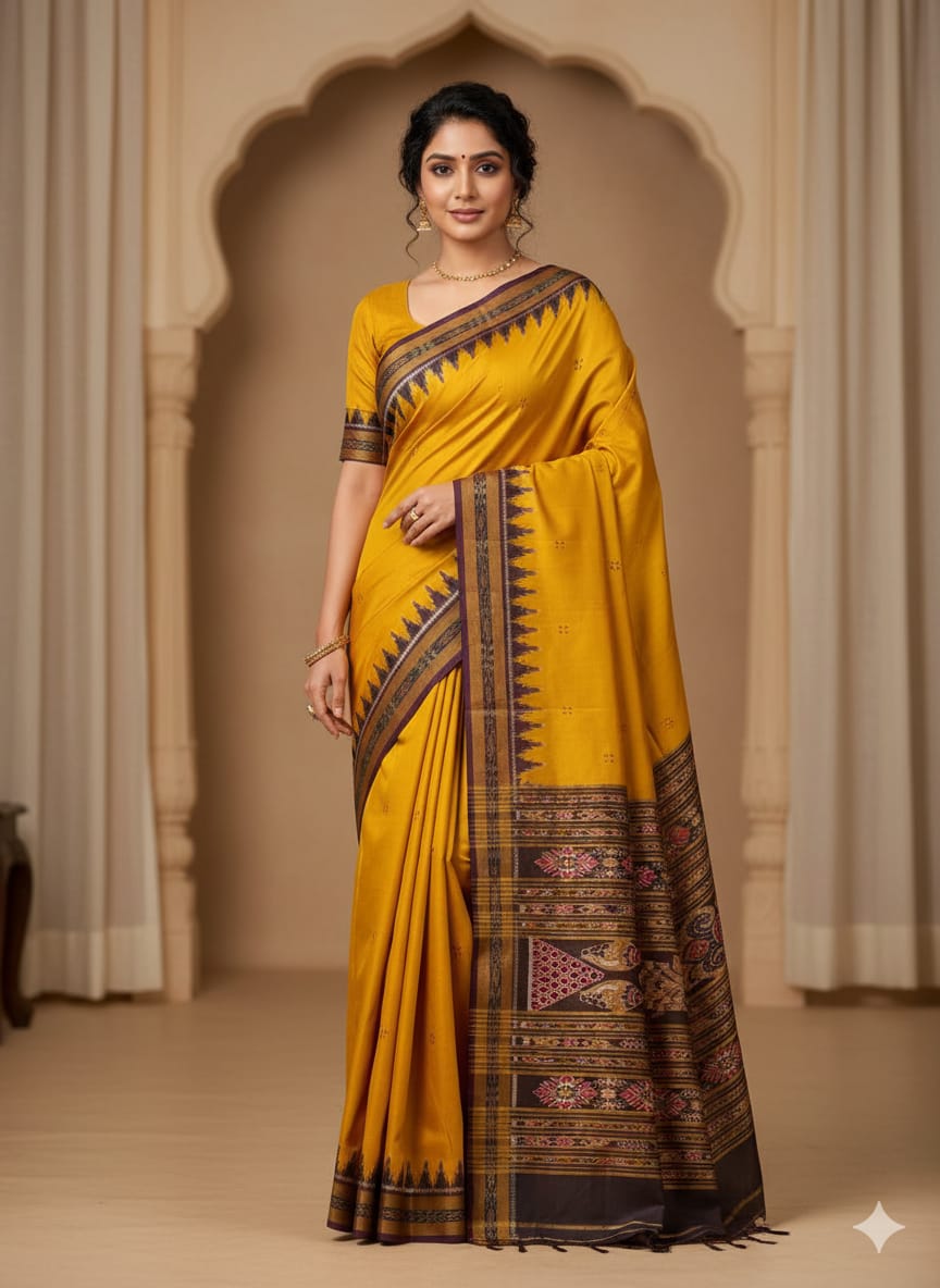Mustard Yellow Coffee Buti Kumbha Khandua Silk Saree