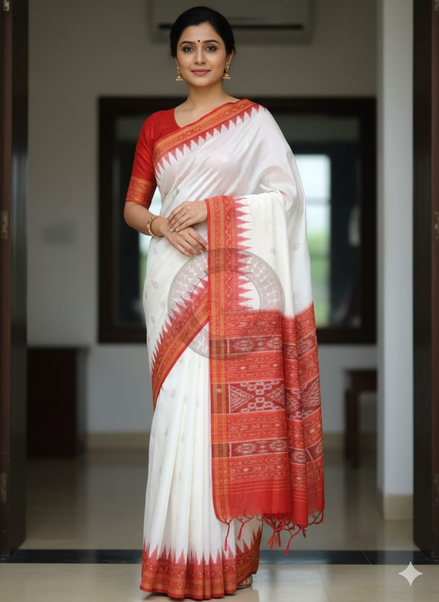 White Red Buti Kumbha Khandua Silk Saree