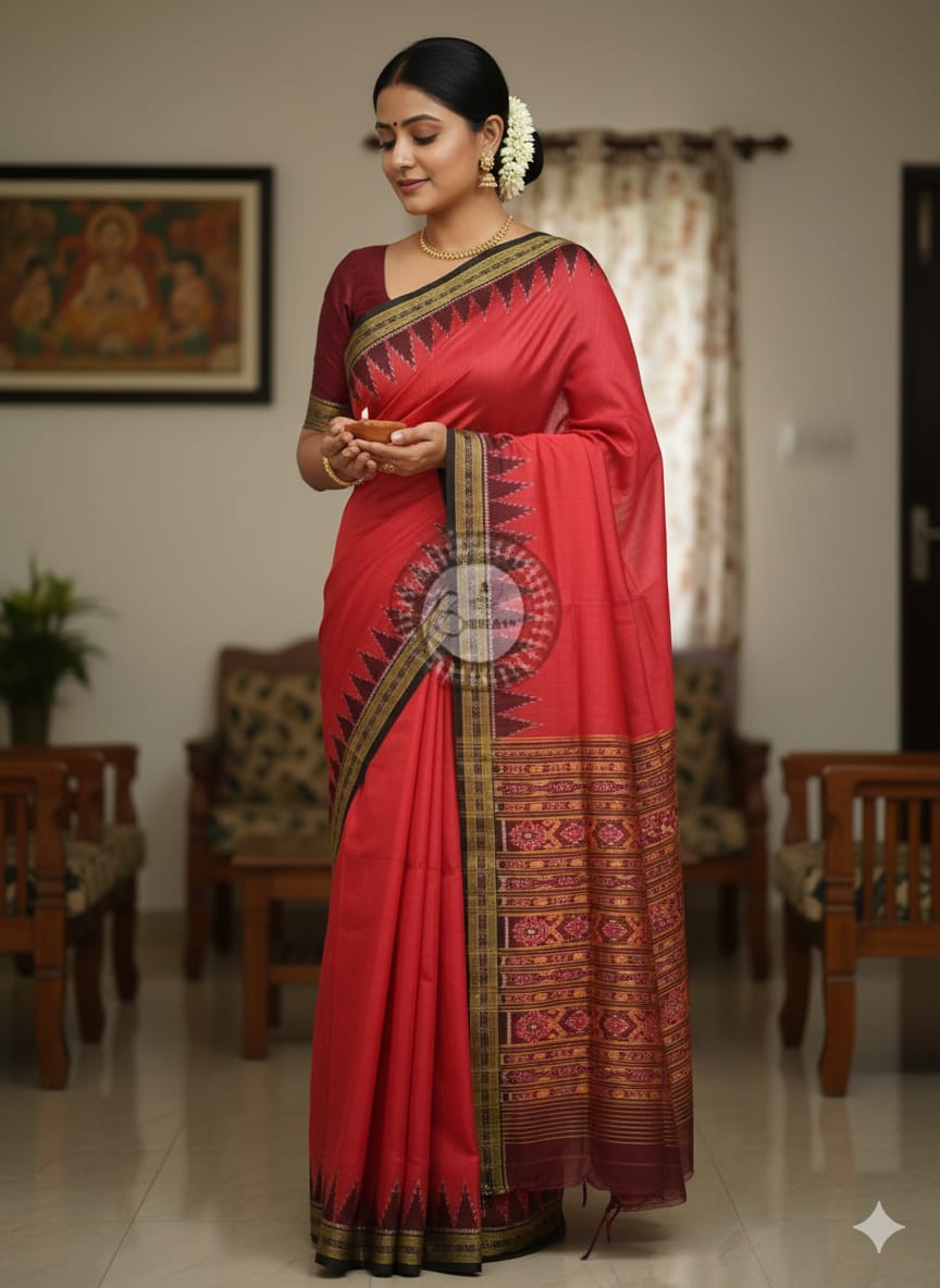Red Black Buti Kumbha Khandua Silk Saree