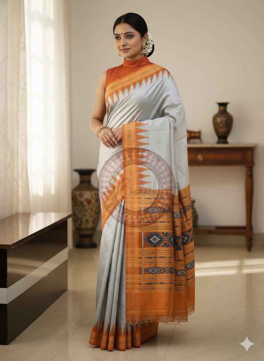 Grey Rust Buti Kumbha Khandua Silk Saree