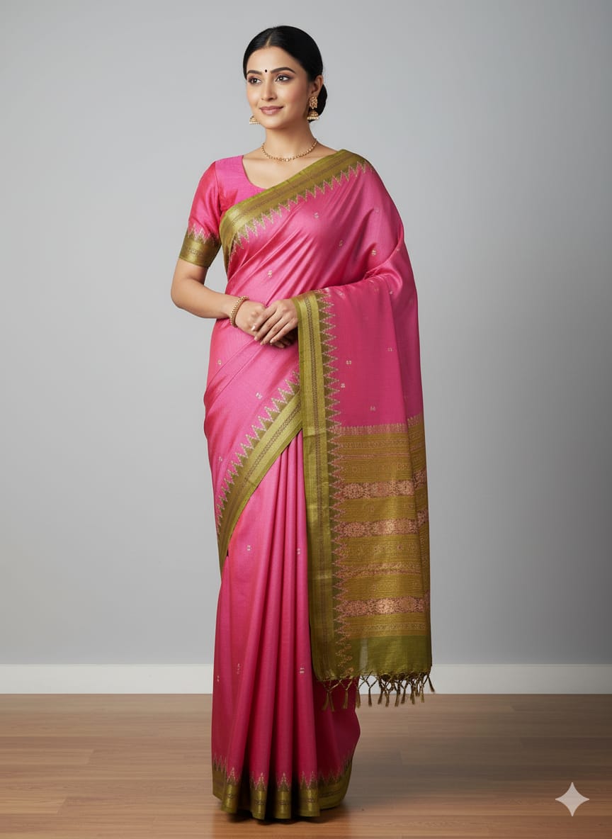 Magenta Mehndi Buti Kumbha Khandua Silk Saree