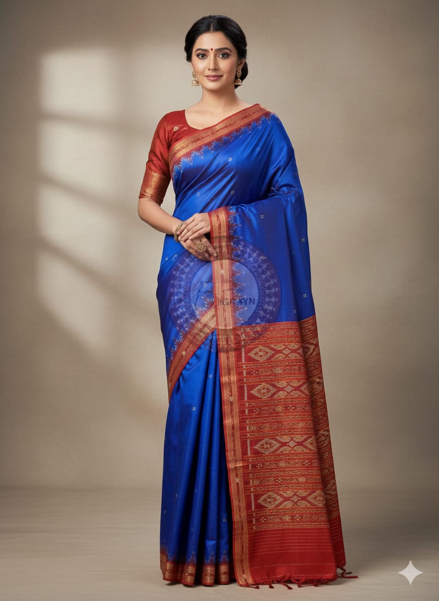 Blue Red Buti Kumbha Khandua Silk Saree