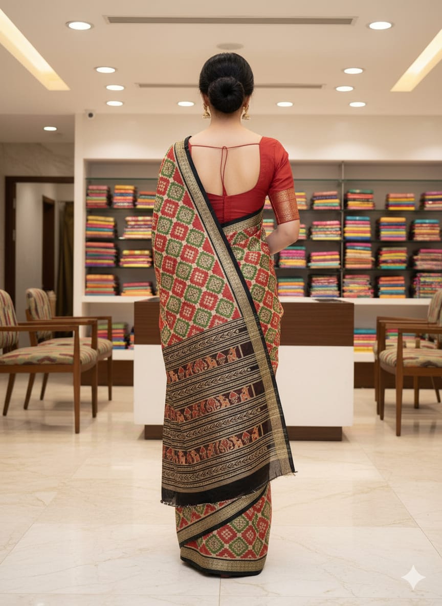 Maroon Green Black Pasapali And Flower Design Mulberry Silk Saree
