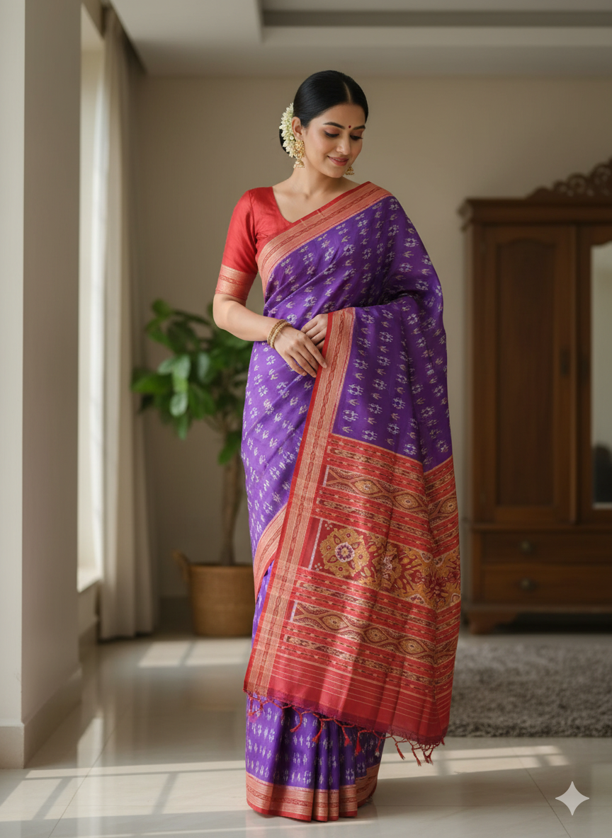 Purple Red Tribal And Tree Design Khandua Silk Saree