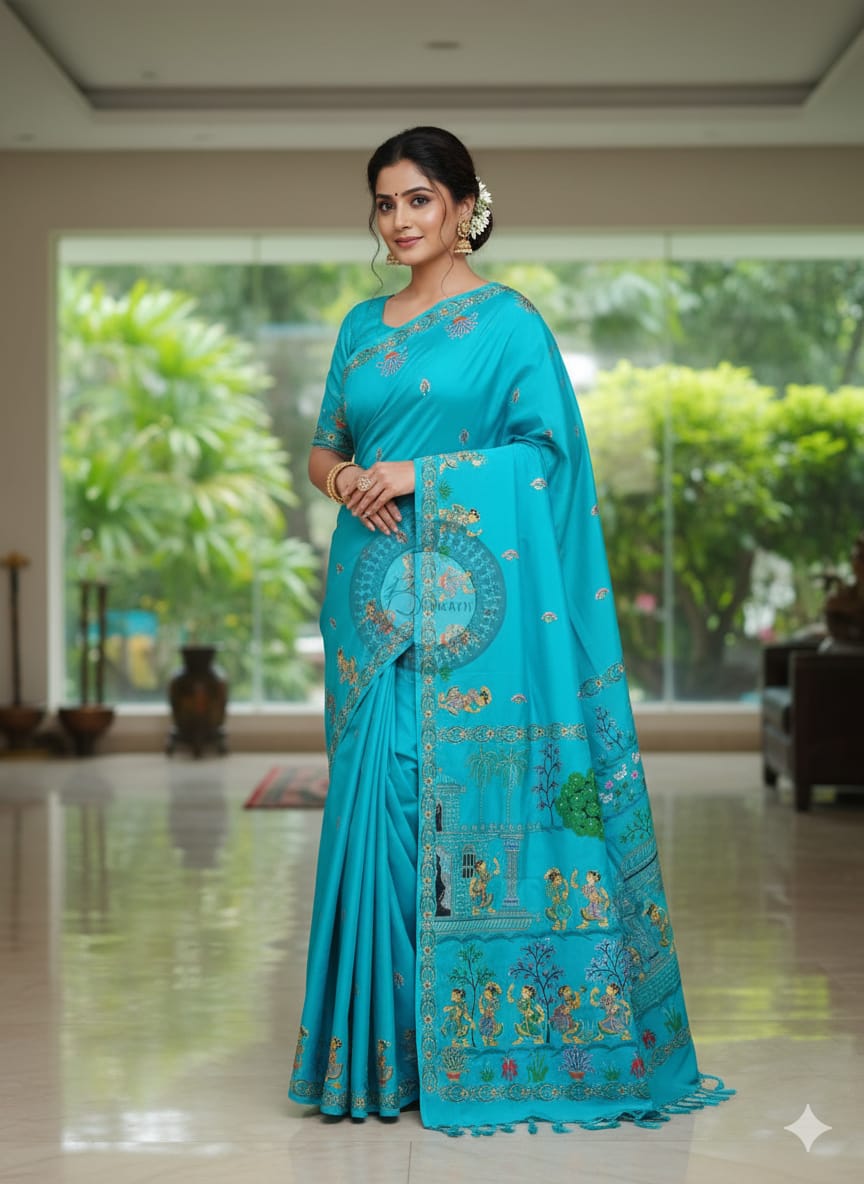 Copper Sulphate Dancer Theme Pattachitra Khadi Silk Saree