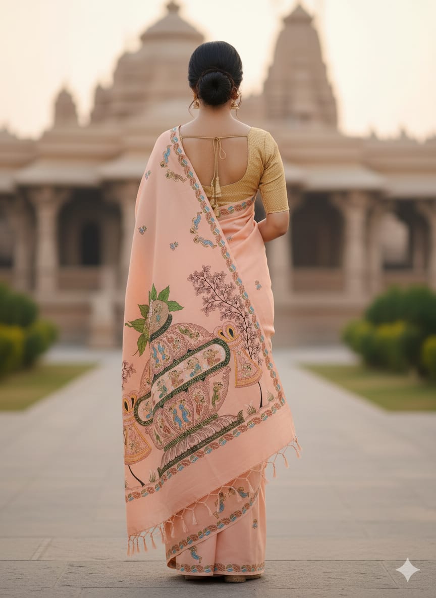 Peach Kandarp Kalash Theme Pattachitra Khadi Silk Saree