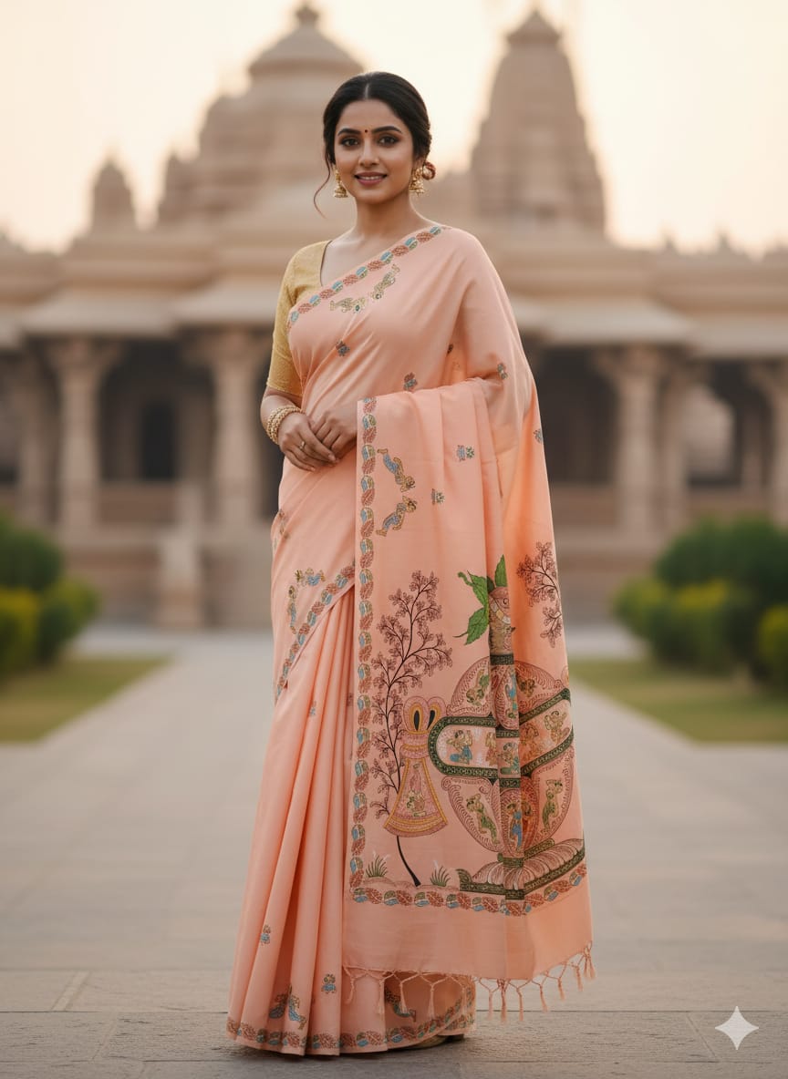 Peach Kandarp Kalash Theme Pattachitra Khadi Silk Saree
