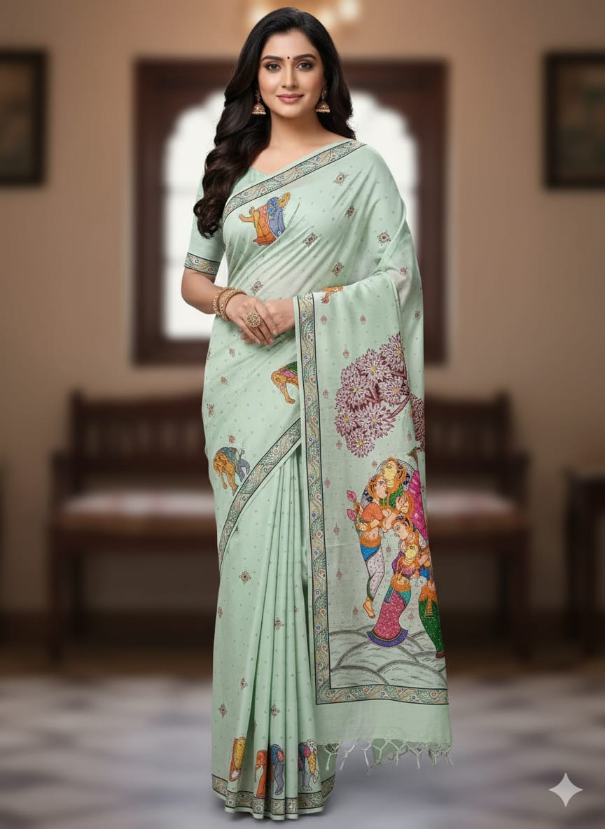 Aqua Kandarp Hasti Theme Pattachitra Khadi Silk Saree