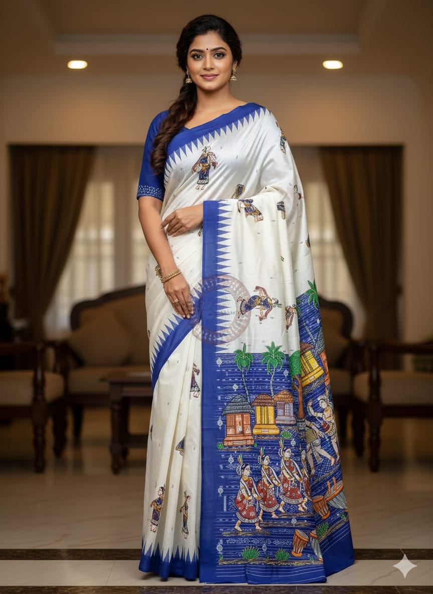 White Blue Chhau Dance Theme Pattachitra Tussar Silk Saree