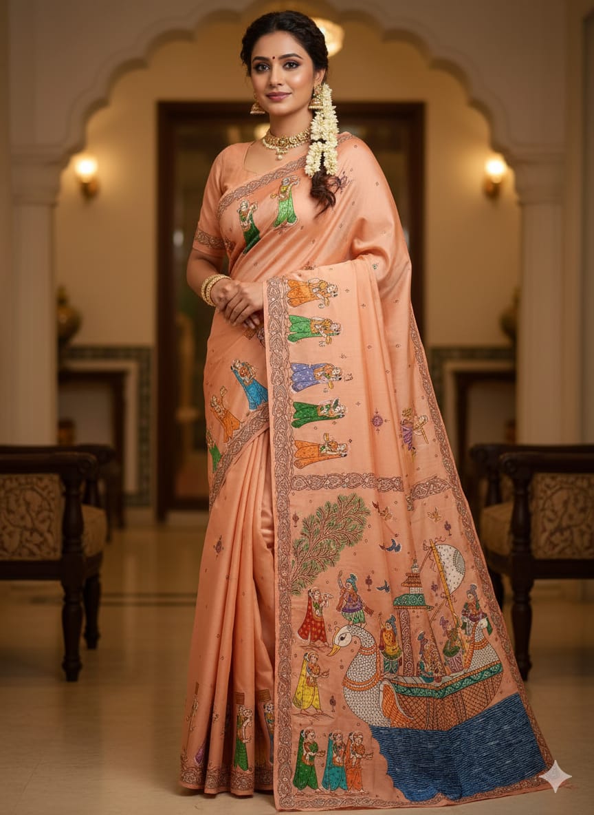 Peach Boita Bandan Theme Pattachitra Khadi Silk Saree