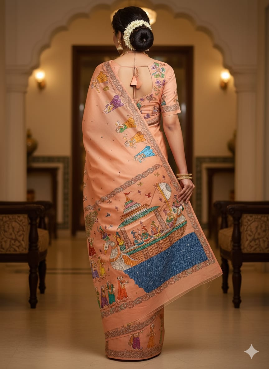 Peach Boita Bandan Theme Pattachitra Khadi Silk Saree