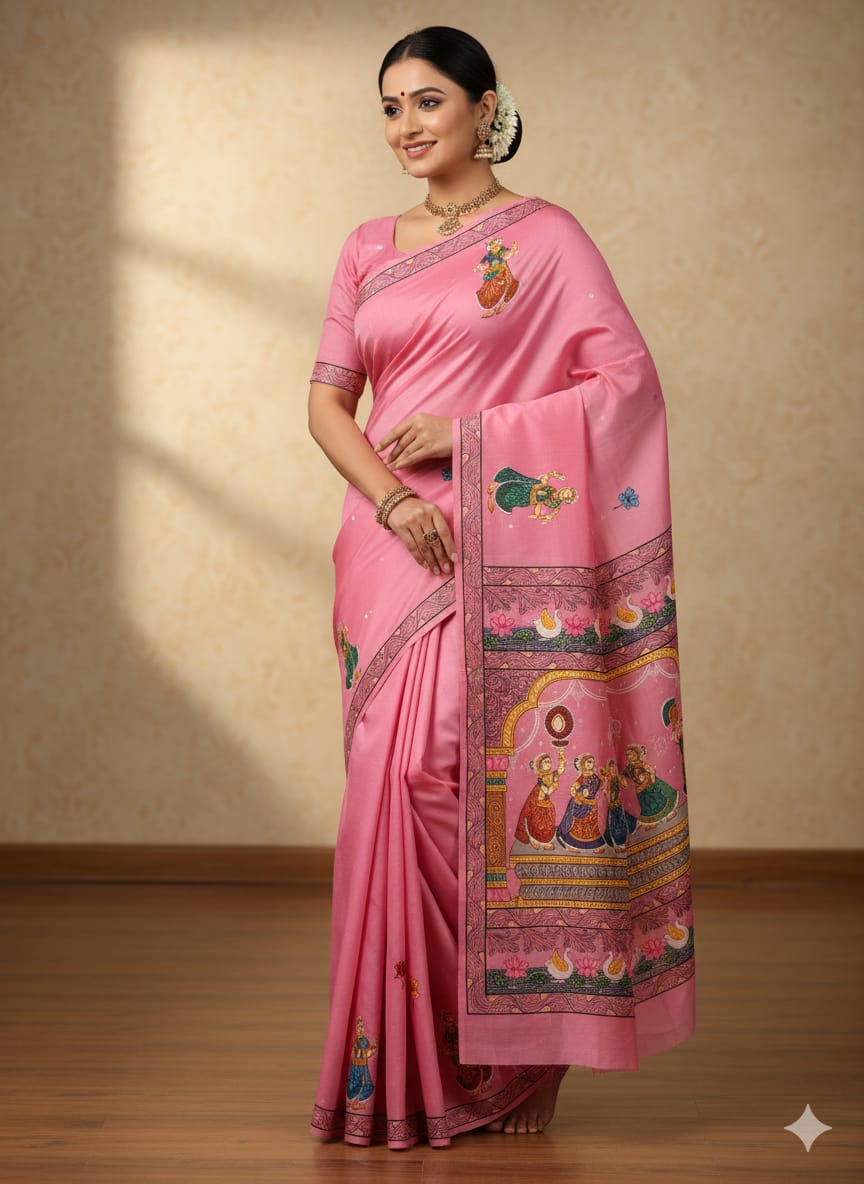 Pink Radha Krishna Rasa Theme Pattachitra Khadi Silk Saree