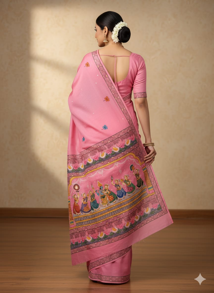 Pink Radha Krishna Rasa Theme Pattachitra Khadi Silk Saree