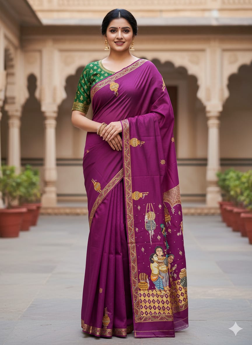 Purple Labani Chori Theme Pattachitra Khadi Silk Saree
