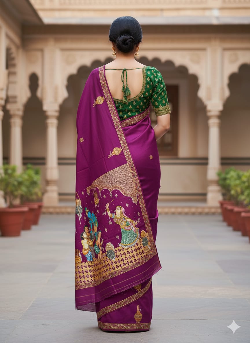 Purple Labani Chori Theme Pattachitra Khadi Silk Saree