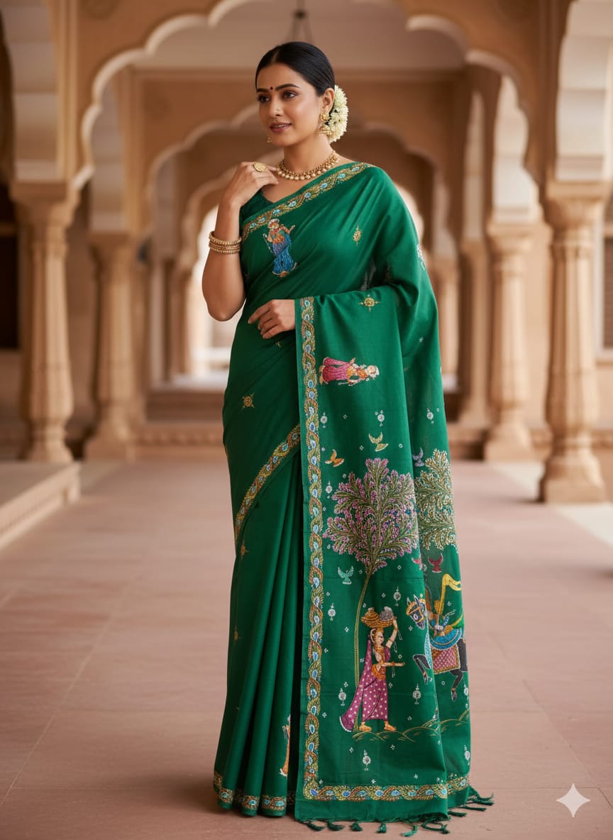 Green Kanchi Abhiyan Theme Pattachitra Khadi Silk Saree