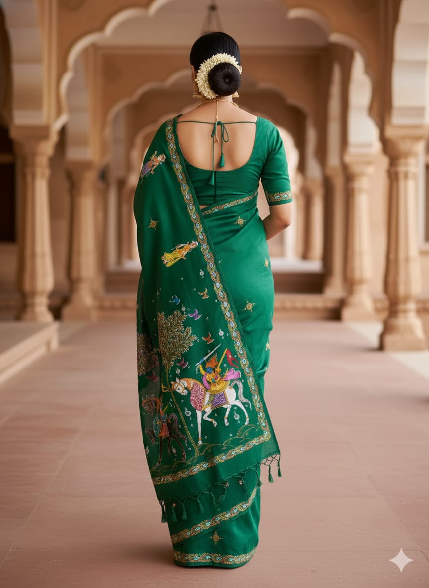 Green Kanchi Abhiyan Theme Pattachitra Khadi Silk Saree