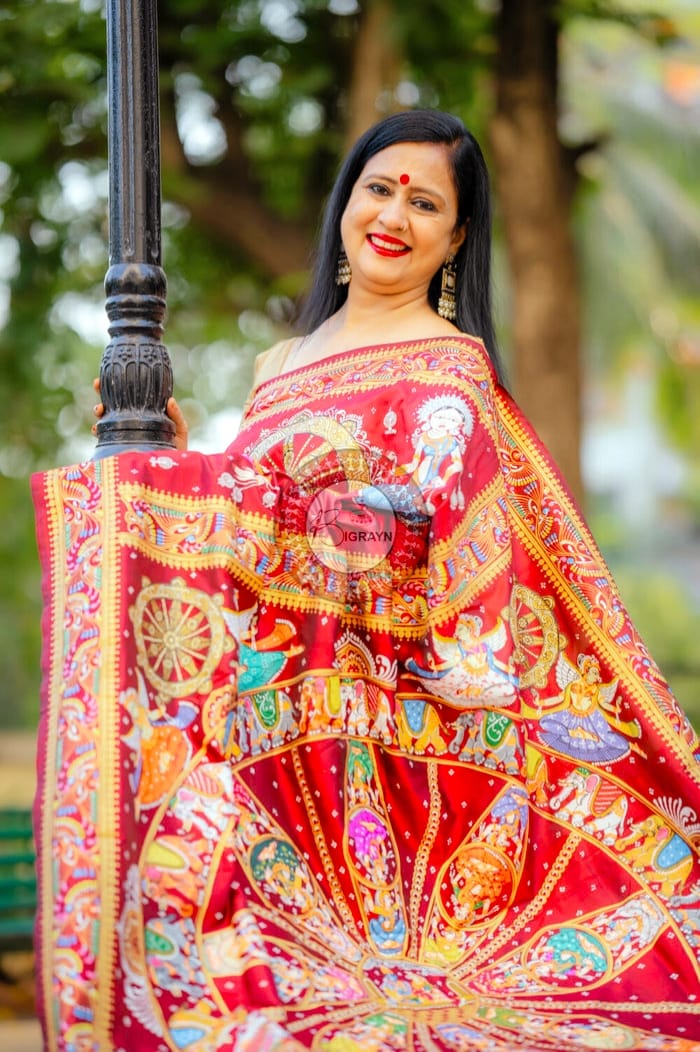 Red Full Body Konark Chakra Pattachitra Silk Saree