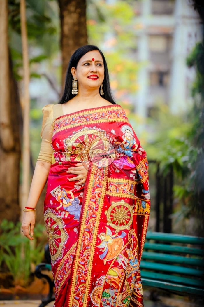 Red Full Body Konark Chakra Pattachitra Silk Saree