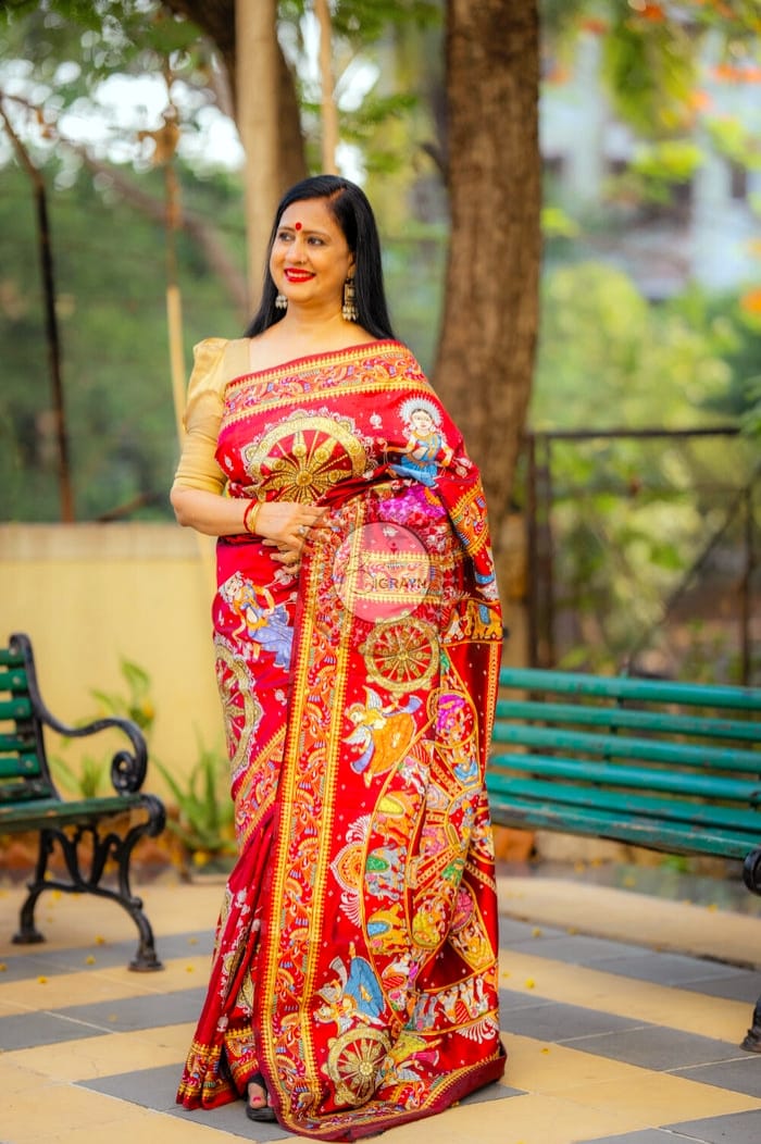 Red Full Body Konark Chakra Pattachitra Silk Saree