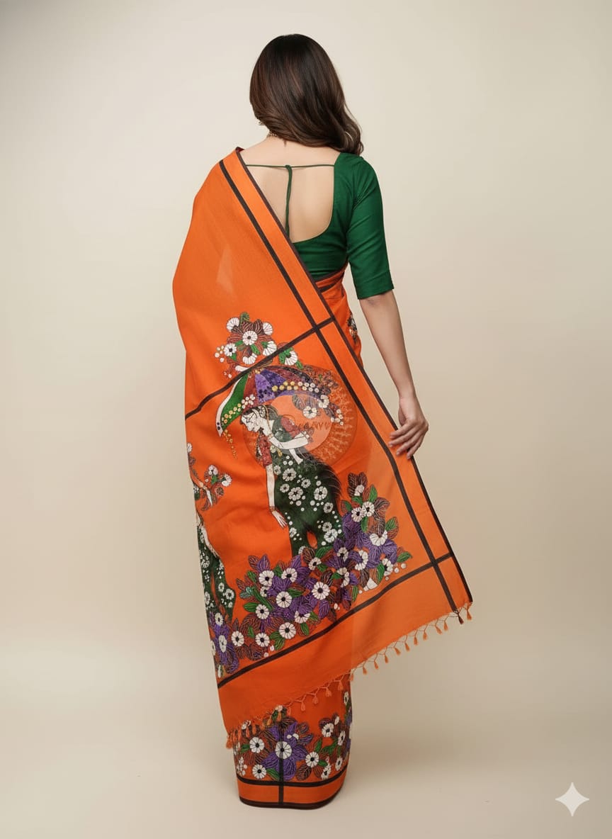 Orange Lady With Umbrella Theme Pattachitra Khadi Silk Saree