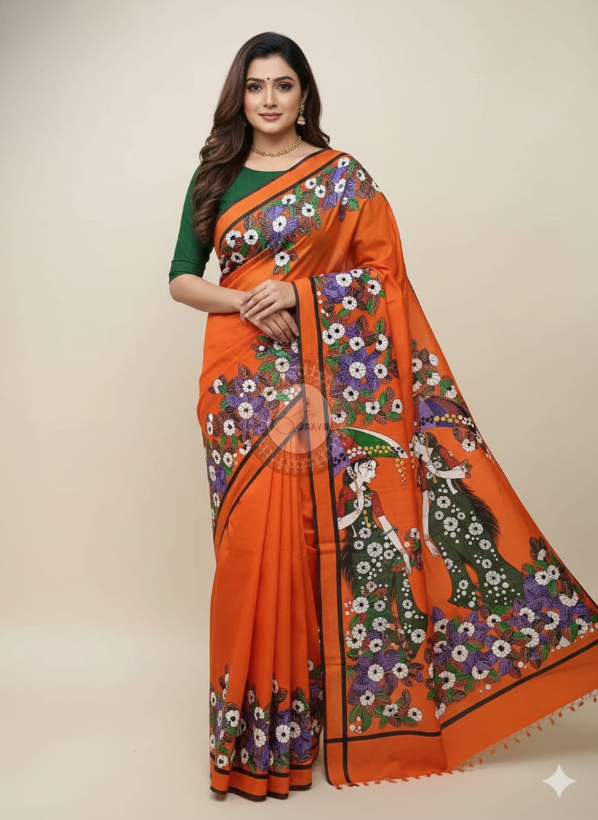 Orange Lady With Umbrella Theme Pattachitra Khadi Silk Saree