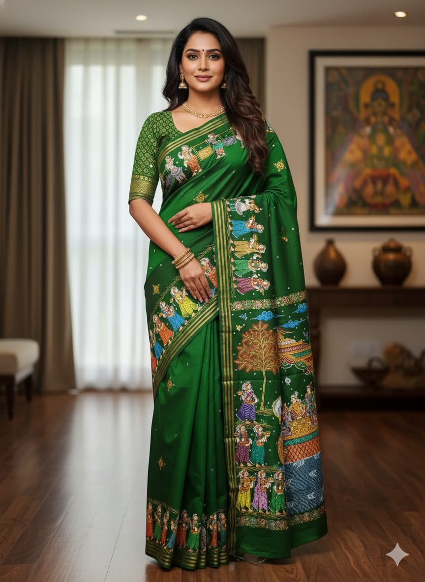 Green Boita Bandana Theme Pattachitra Kanjeeveram Silk Saree