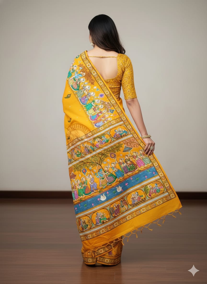 Yellow Radha Krishna Rasa Theme Pattachitra Kanjeeveram Silk Saree